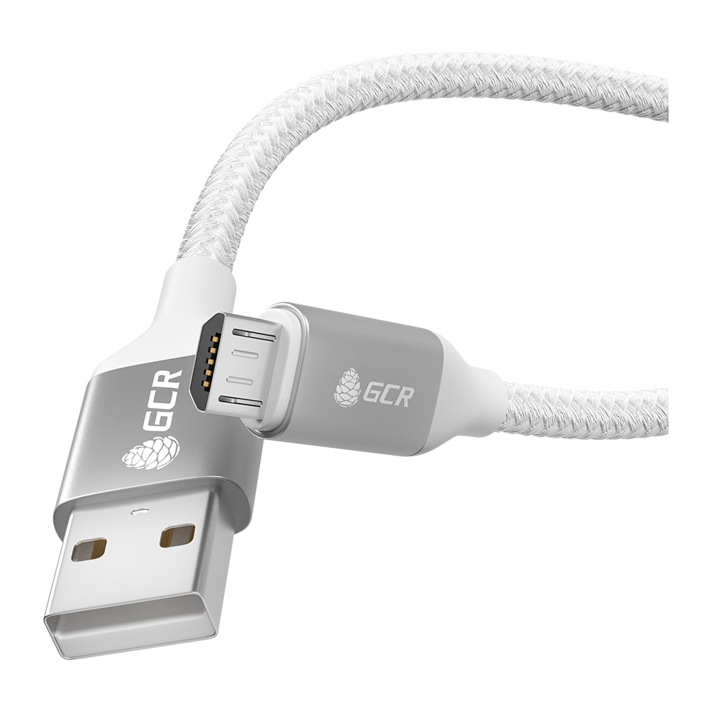 фото Кабель microusb gcr qc 1.0m быстрая зарядка, белый нейлон, al корпус серебро, белый пвх viv52i468