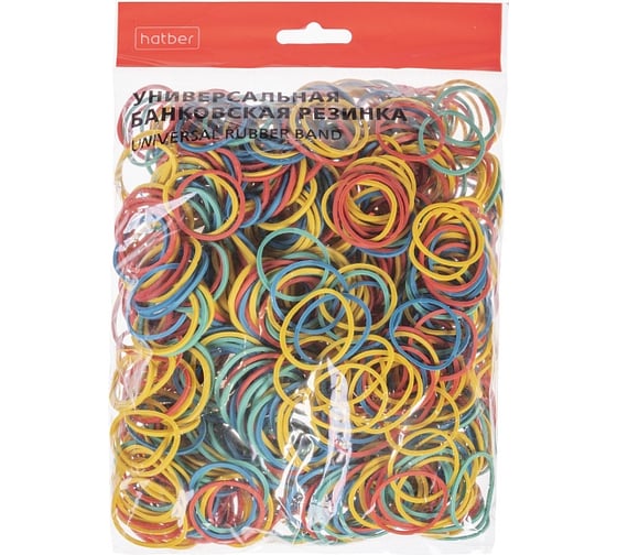Изображение товара Резинка банковская HATBER цветная диаметр 25 мм, длина 40 мм 100шт. в упаковке,083960