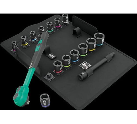 Изображение товара Трещотка WERA 8100 SB 12 Zyklop Comfort в наборе, переключатель реверса, 3/8", метрические размеры, 16 пр. WE-005530