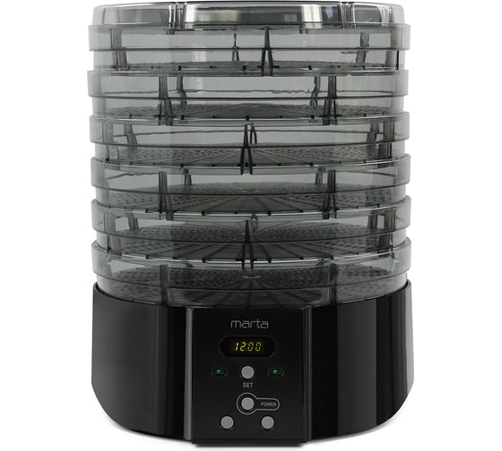 Изображение товара Сушилка для овощей и фруктов MARTA MT-FD1886H 12 поддонов: 6+3 для пастилы+3 для ягод, черный жемчуг 37680
