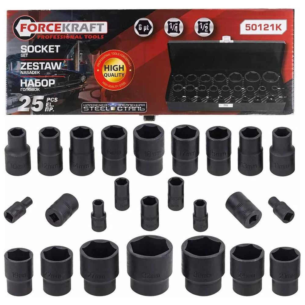Изображение товара Набор ударных головок 25 предметов 1/4 1/2 дюйма Forcekraft FK-50121K