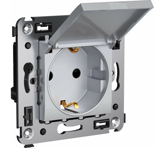 Изображение товара Розетка с крышкой DKC, Avanti, Закаленная сталь, в стену, 2PE, с защитными шторками 4404013