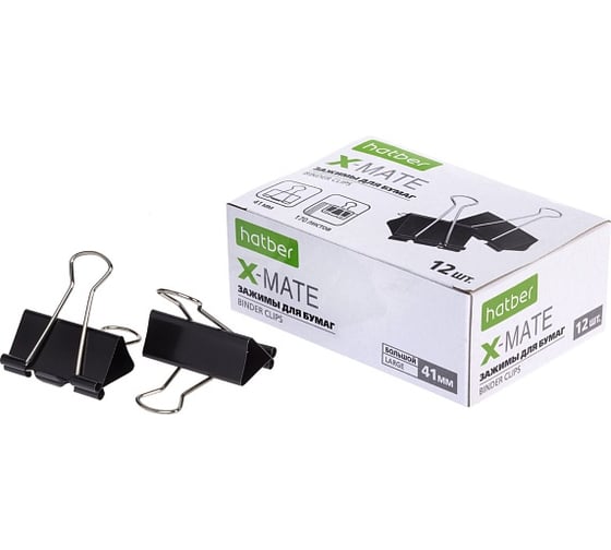 Изображение товара Зажимы для бумаг HATBER X-Mate 41 мм черные 12 шт 083715