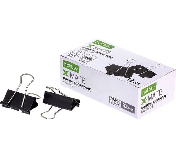 Изображение товара Зажимы для бумаг HATBER X-Mate 32 мм черные 12 шт 083716