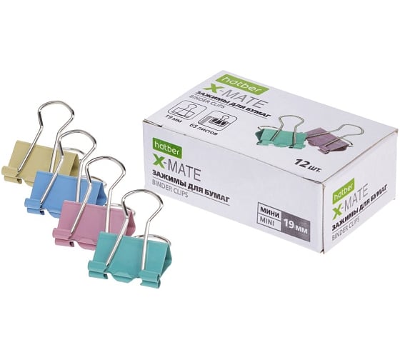 Изображение товара Зажимы для бумаг HATBER X-Mate 19 мм цветные 12 шт 083724