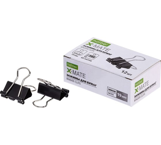 Изображение товара Зажимы для бумаг HATBER X-Mate 19 мм черные 12 шт 083718