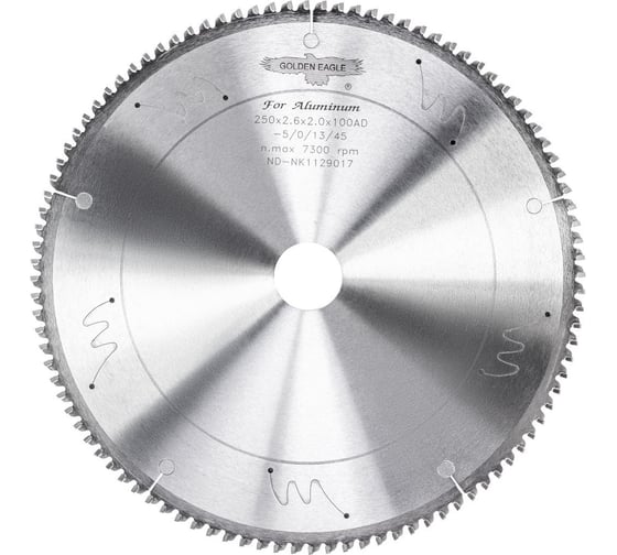 Изображение товара Пила дисковая HW торцовочная 250x30x2.6/2 мм, Z100 AD, алюм/пласт, -5 градусов Golden Eagle TL26143