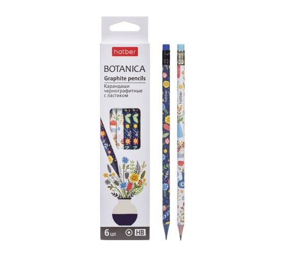 Изображение товара Набор чернографитных карандашей HATBER круглый корпус, 6 шт., Botanica 079543