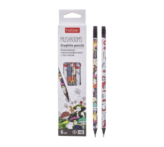 Изображение товара Набор чернографитных карандашей HATBER круглый корпус, 6 шт., Mushrooms 079544
