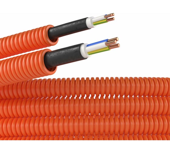 Изображение товара Труба DKC ПНД гибкая гофрированная д16мм цвет оранжевый с кабелем 3x1,5 ВВГнгLSРЭК ГОСТ+50м 7L91650DIY