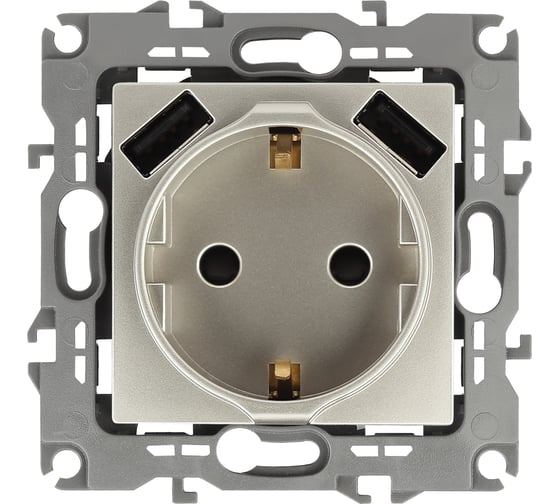 Изображение товара Розетка ЭРА Elegance 14410904 2PE, 16A/250В, шторки, с 2xUSB, 5В 3А, шампань, 10/100/2000 Б0047870