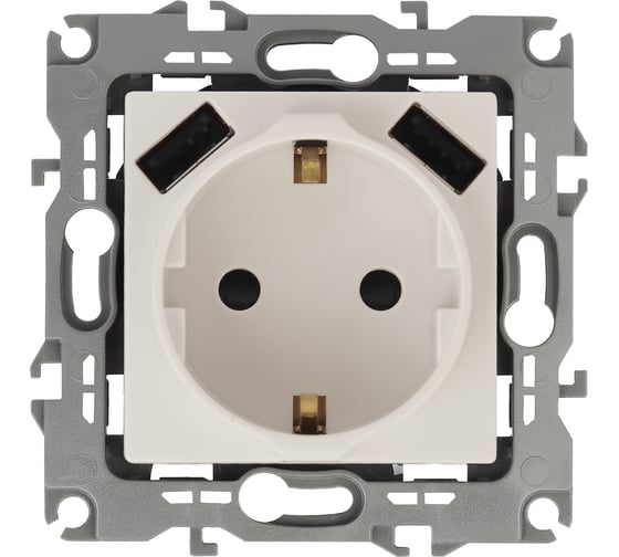 Изображение товара Розетка ЭРА 12410902 2PE, 16A/250В, шторки, с 2xUSB, 5В/3А, 12, слоновая кость, 10/100/2000 Б0047841