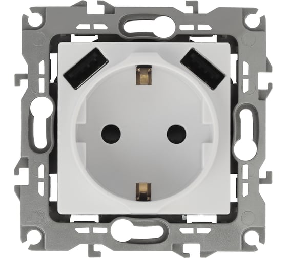 Изображение товара Розетка ЭРА Elegance 14410901, 2PE, 16A/250В, шторки, с 2xUSB 5В/3А, белый, 10/100/2000 Б0047867