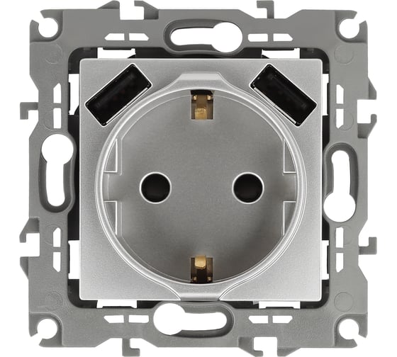 Изображение товара Розетка ЭРА 12410903 2PE, 16A/250В, шторки, с 2xUSB, 5В/3А, 12, алюминий, 10/100/2000 Б0047842