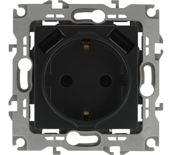 Изображение товара Розетка ЭРА Elegance 14410905, 2PE, 16A/250В, шторки, с 2xUSB 5В/3А, антрацит 10/100/2000 Б0047871