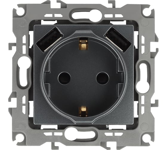 Изображение товара Розетка ЭРА 12410912 2PE, 16A/250В, шторки, с 2xUSB, 5В/3А, 12, графит, Б0047846