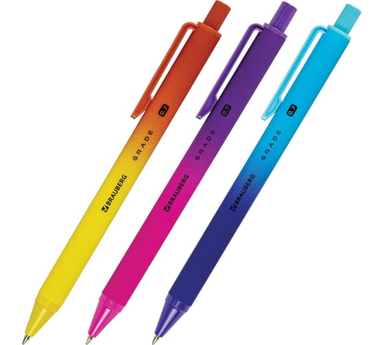 Изображение товара Ручки шариковые автоматические BRAUBERG GRADE, НАБОР 3 ШТУКИ, СИНИЕ, soft-touch, линия 0,35мм, 144206