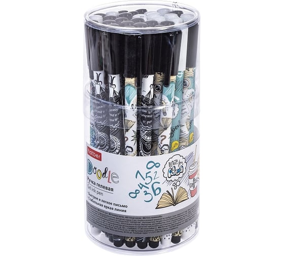 Изображение товара Ручка гелевая HATBER Doodles черная, 0,5 мм, чернила fast dry, 36 шт., в пластиковой тубе 083396