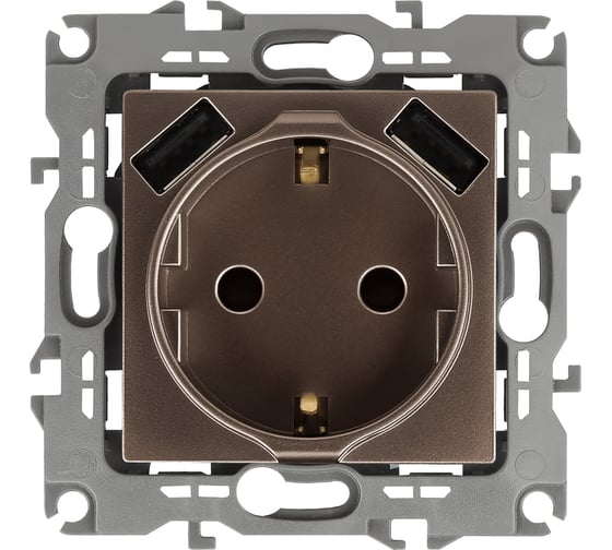 Изображение товара Розетка ЭРА 12410913 2PE, 16A/250В, шторки, с 2xUSB, 5В/3А, 12, бронза, 10/100/2000 Б0047847