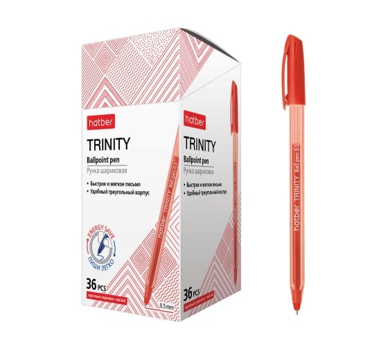 Изображение товара Ручка шариковая HATBER TRINITY Красная 0,5мм с колпачком и клипом 085301
