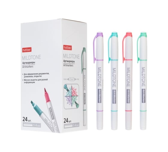 Изображение товара Текстовыделитель HATBER Mildtone 1мм/4мм Ассорти 4 цвета 24 шт 085366