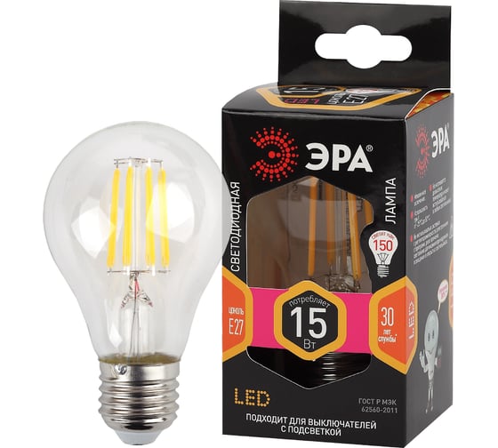 Изображение товара Лампа ЭРА FLED A6015W827E27, филамент, груша, 15Вт, тепл, Е27 10/100/1500 Б0046981