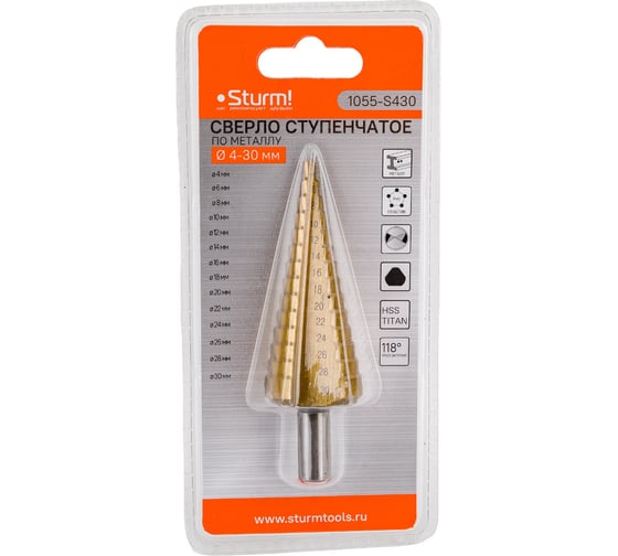 Изображение товара Сверло ступенчатое по металлу (4-30 мм; шаг 2 мм; HSS TIN) Sturm 1055-S430