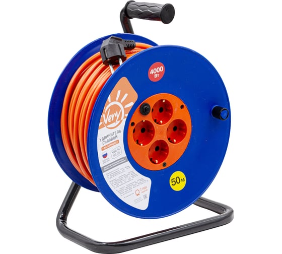 Изображение товара Удлинитель силовой на катушке Very 4 розетки, ПВС 2x2,5мм², 16А, 3,7кВт, б/з, термозащита, 50м 89-0-162