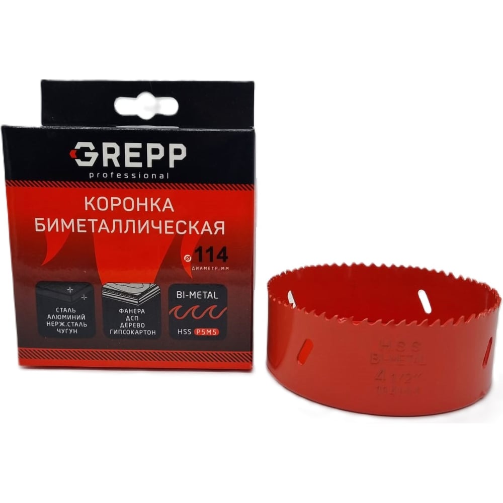 Изображение товара Коронка биметаллическая GREPP 114 мм, глубина сверления 38 мм