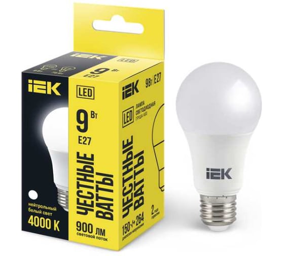 Изображение товара Лампа IEK LED, A60, 9вт, 230В, 4000К, E27 LLE-A60-9-230-40-E27