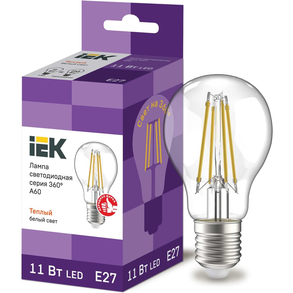 Лампа IEK серия 360, LED, A60, прозрачная, 11вт, 230В, 3000К, E27 LLF-A60-11-230-30-E27-CL