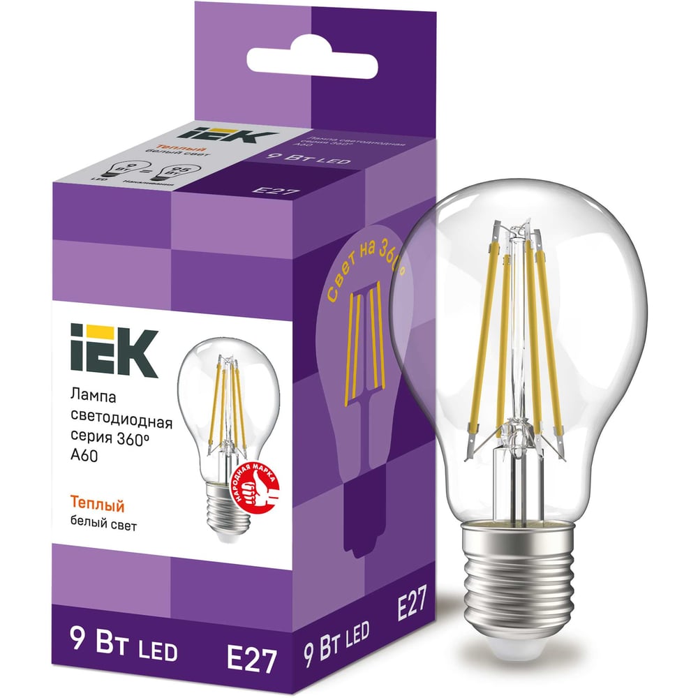Лампа LED A60 шар прозр. IEK 9вт 230В 3000К E27 серия 360 LLF-A60-9-230-30-E27 -CL LLF-A60-9-230-30-E27-CL
