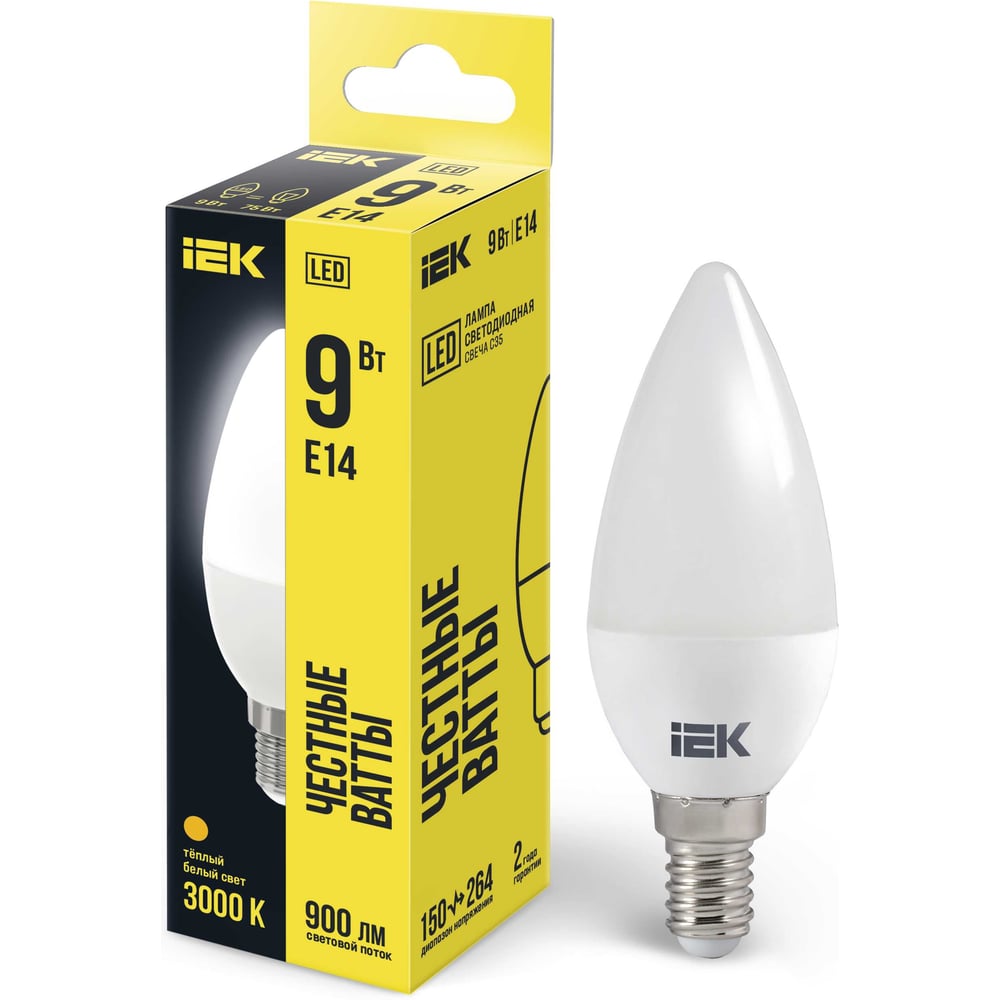Лампа IEK LED, C35, свеча, 9вт, 230В, 3000К, E14 LLE-C35-9-230-30-E14