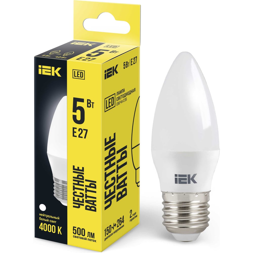 Лампа IEK LED, C35, свеча, 5вт, 230В, 4000К, E27 LLE-C35-5-230-40-E27