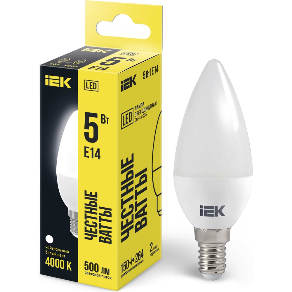 Лампа IEK LED, C35, свеча, 5вт, 230В, 4000К, E14 LLE-C35-5-230-40-E14