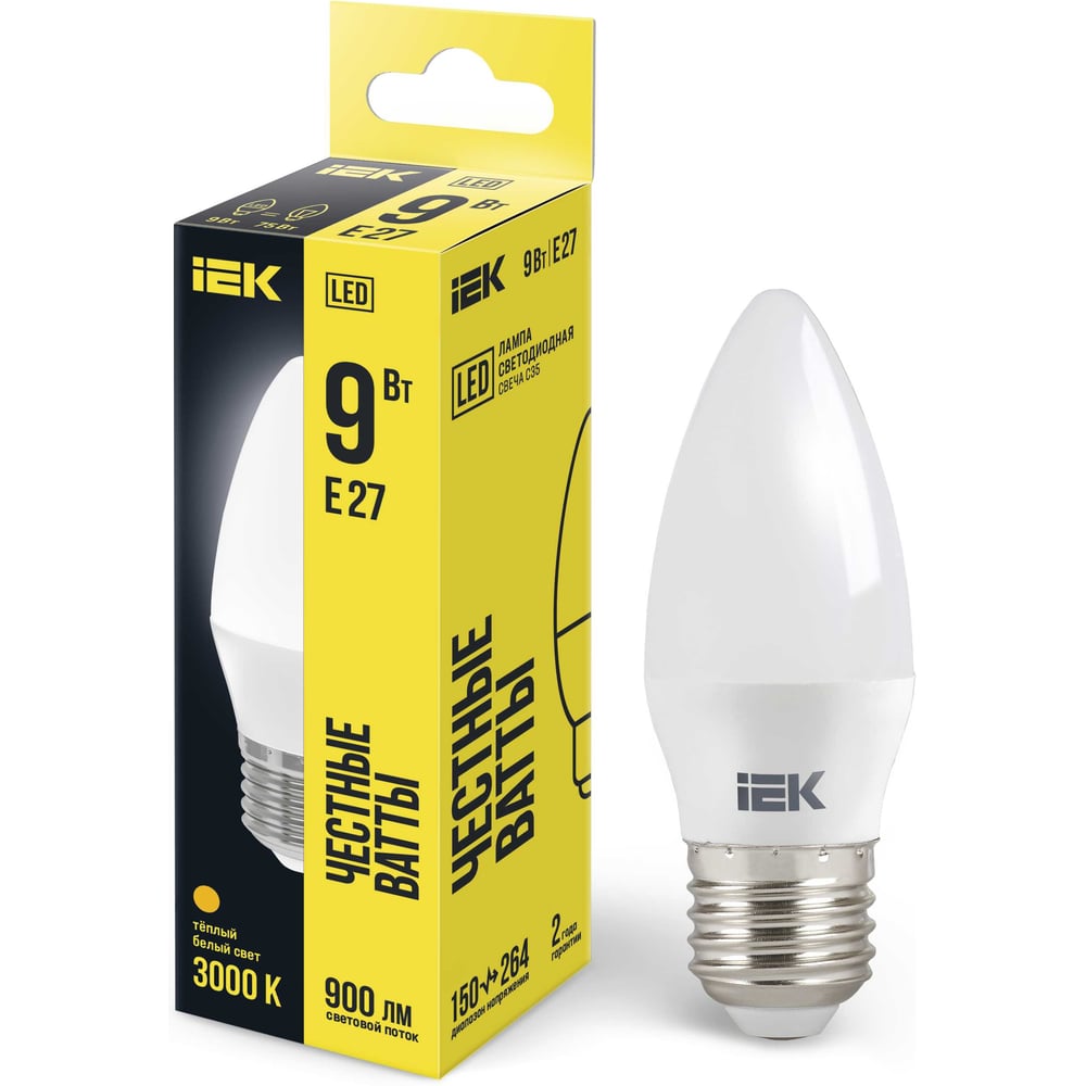 Лампа IEK LED, C35, свеча, 9вт, 230В, 3000К, E27 LLE-C35-9-230-30-E27