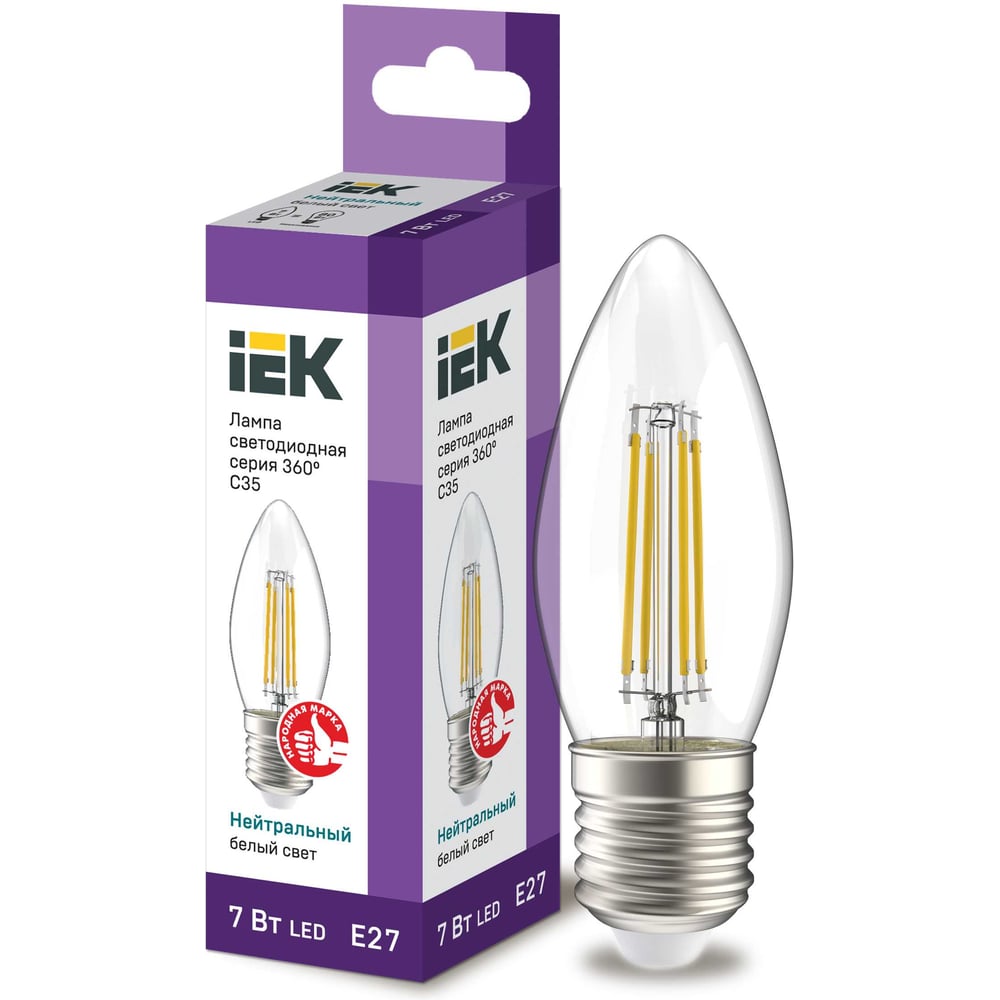 Лампа IEK серия 360, LED, C35, свеча, прозрачная, 7вт, 230В, 4000К, E27 LLF-C35-7-230-40-E27-CL