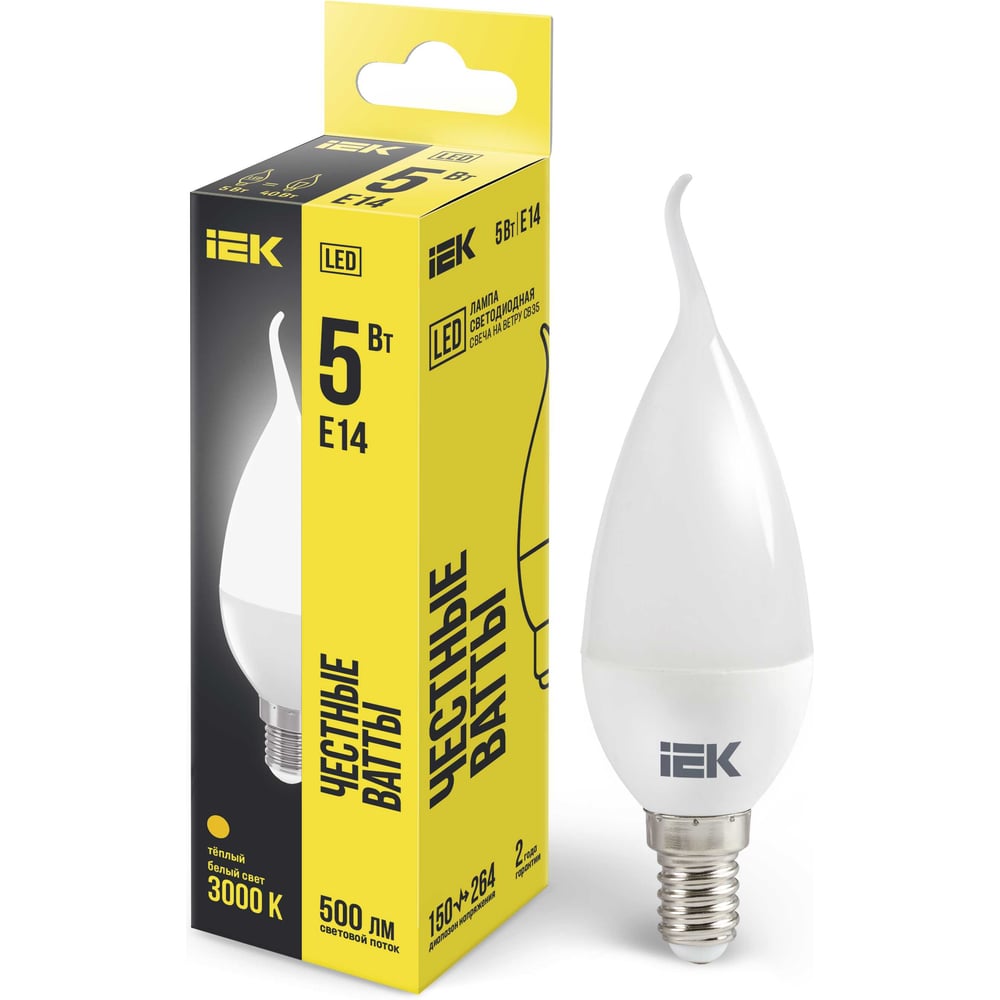 Лампа IEK LED, CB35, свеча на ветру, 5вт, 230В, 3000К, E14 LLE-CB35-5-230-30-E14