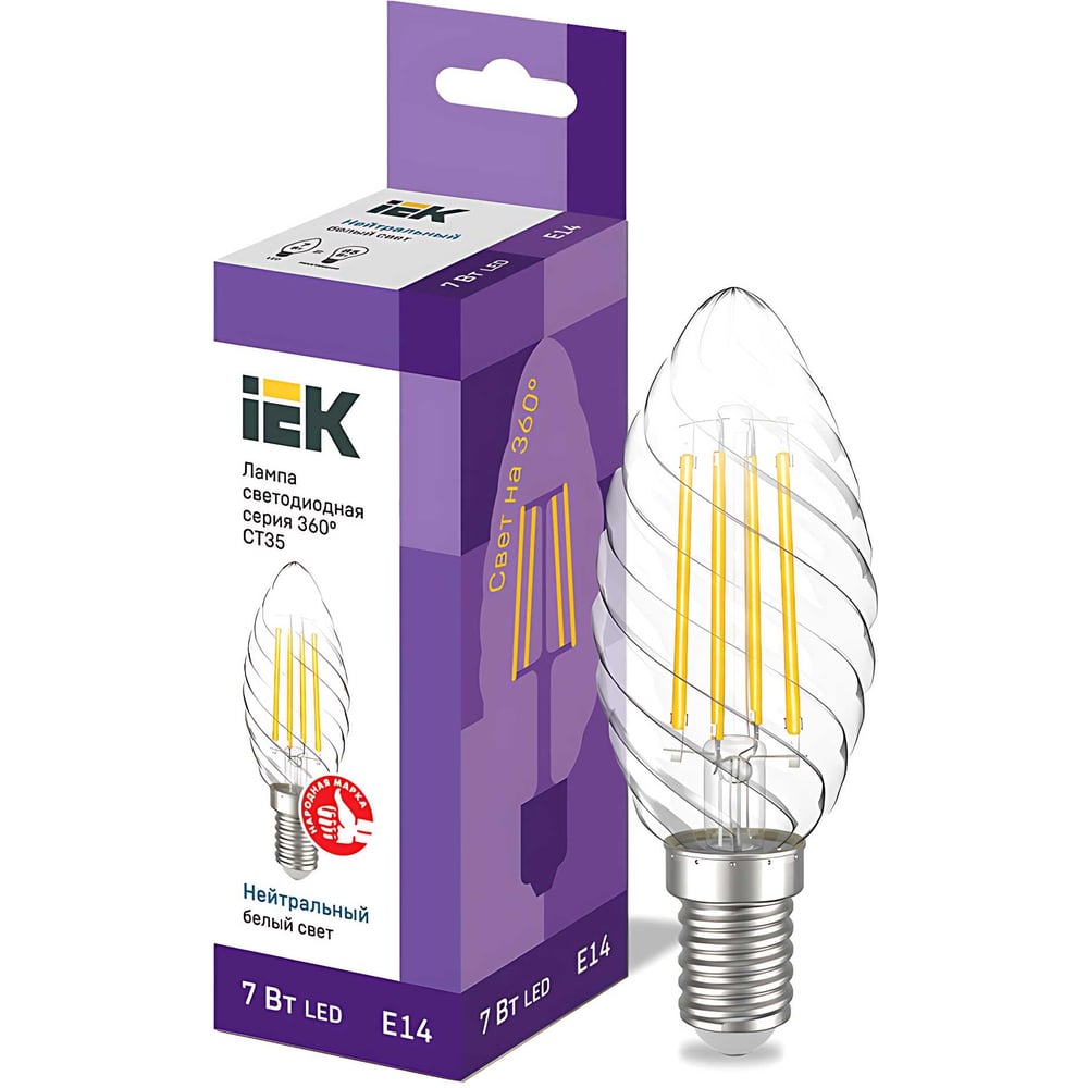 Изображение товара Лампа IEK серия 360 LED, CT35, свеча витая, 7вт, 230В, 4000К, E14 LLF-CT35-7-230-40-E14-CL