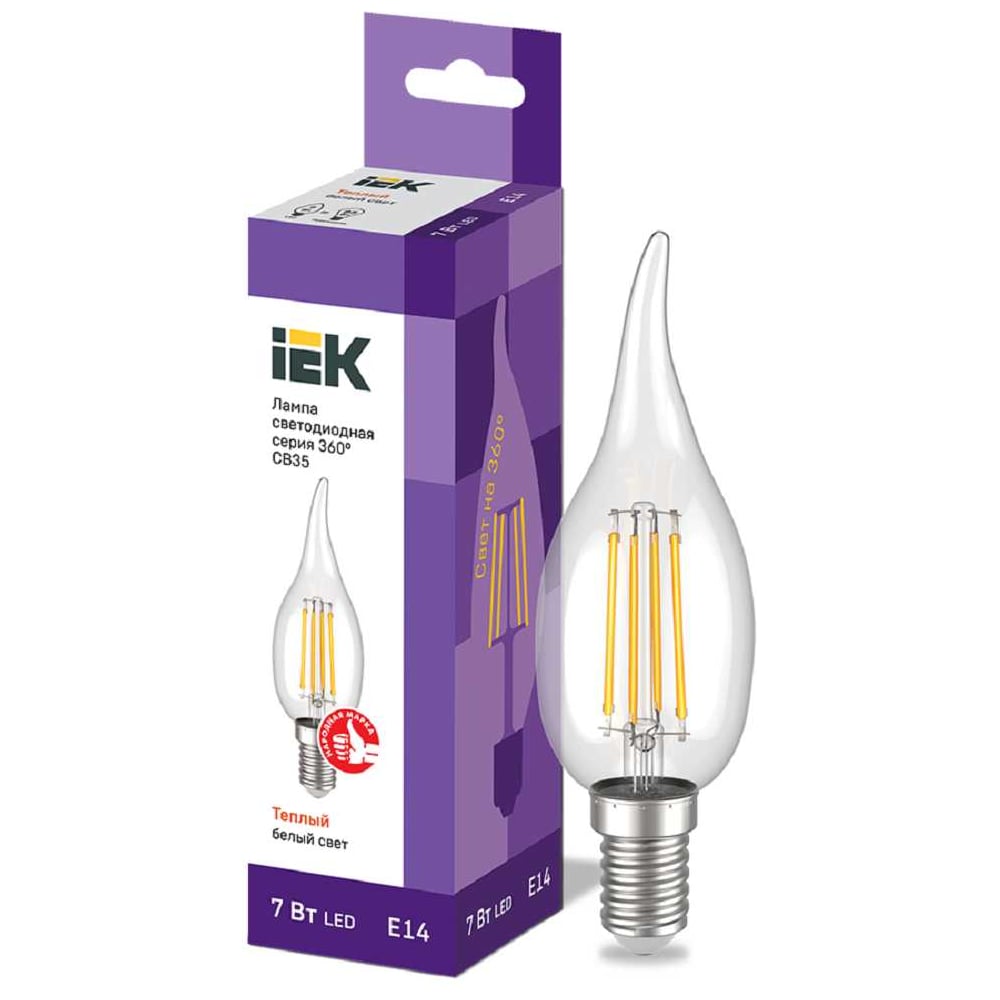 Лампа IEK серия 360 LED, CВ35, свеча на ветру, 7вт, 230В, 3000К, E14 LLF-CB35-7-230-30-E14-CL