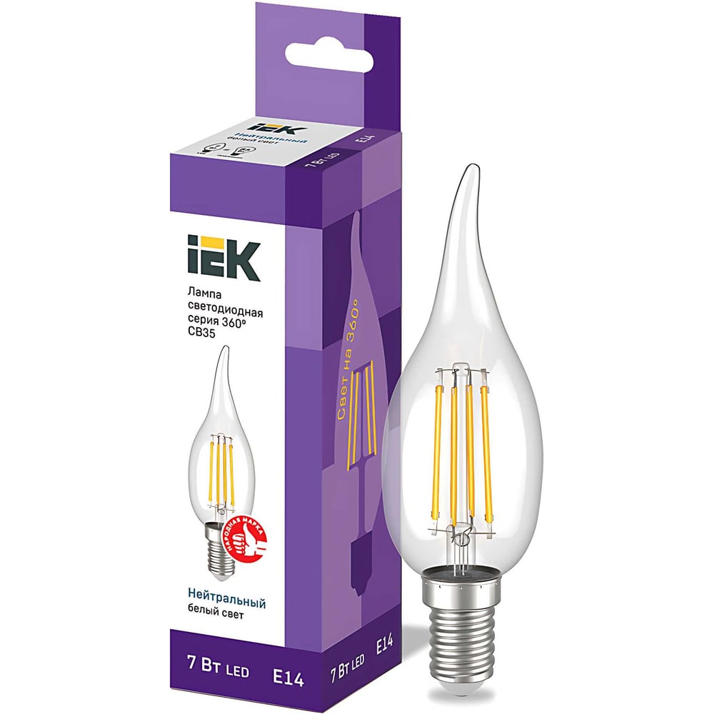 Изображение товара Лампа IEK 360 LED, 7Вт, E14, 4000К, свеча на ветру