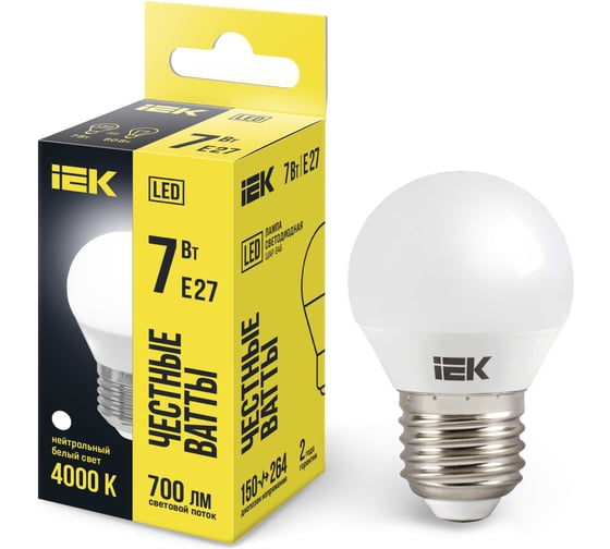 Изображение товара Лампа IEK LED, G45, шар, 7вт, 230В, 4000К, E27 LLE-G45-7-230-40-E27