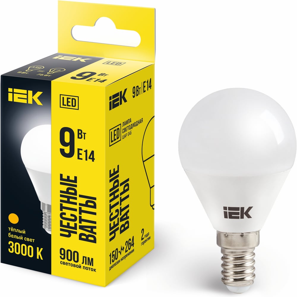 Изображение товара LED лампа G45 9W E14 3000K теплый белый IEK