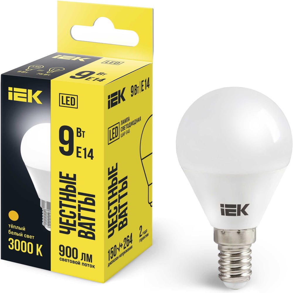 Лампа IEK LED, G45, шар, 9вт, 230В, 3000К, E14 LLE-G45-9-230-30-E14