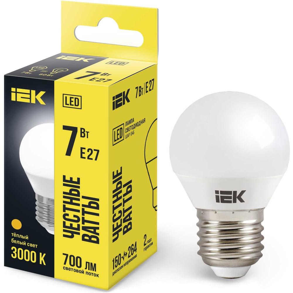 Изображение товара Лампа IEK LED, G45, шар, 7вт, 230В, 3000К, E27 LLE-G45-7-230-30-E27 Изображение товара Лампа IEK LED, G45, шар, 7вт, 230В, 3000К, E27 LLE-G45-7-230-30-E27