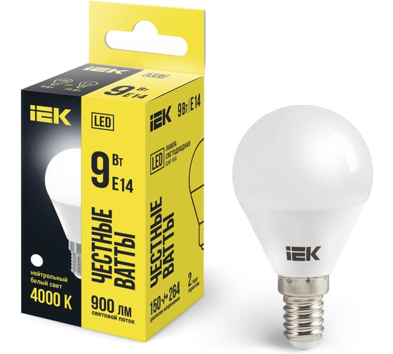 Изображение товара Лампа IEK LED, G45, шар, 9вт, 230В, 4000К, E14 LLE-G45-9-230-40-E14