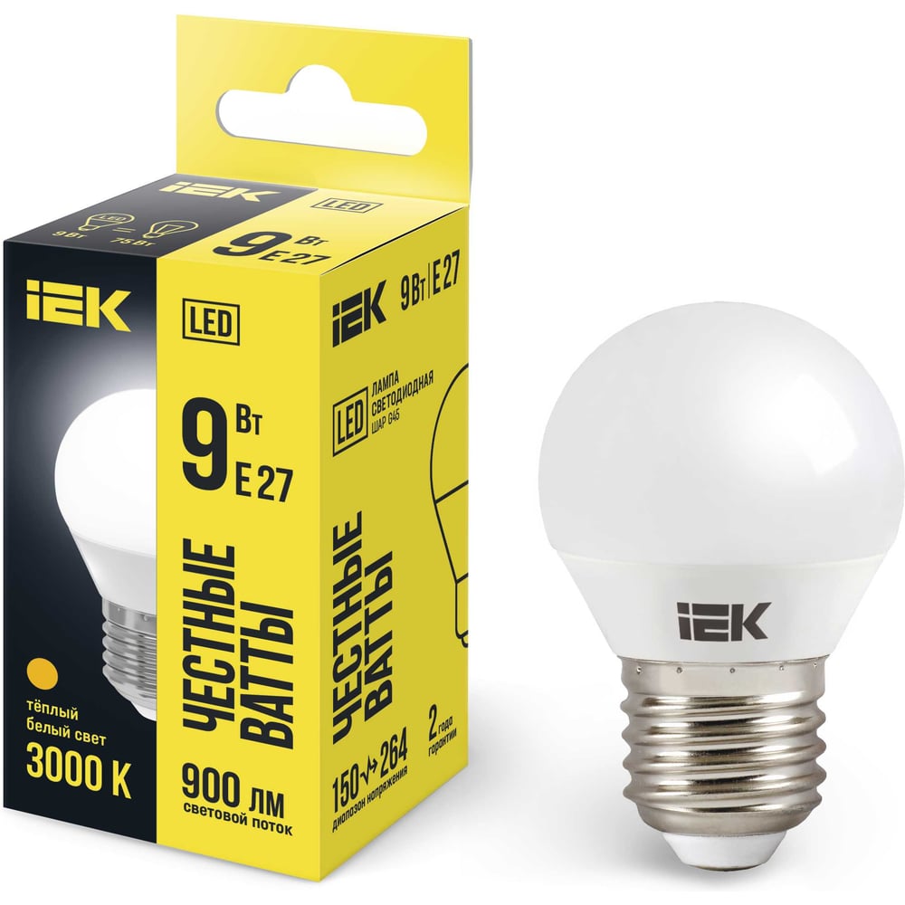 Лампа IEK LED, G45, шар, 9вт, 230В, 3000К, E27 LLE-G45-9-230-30-E27