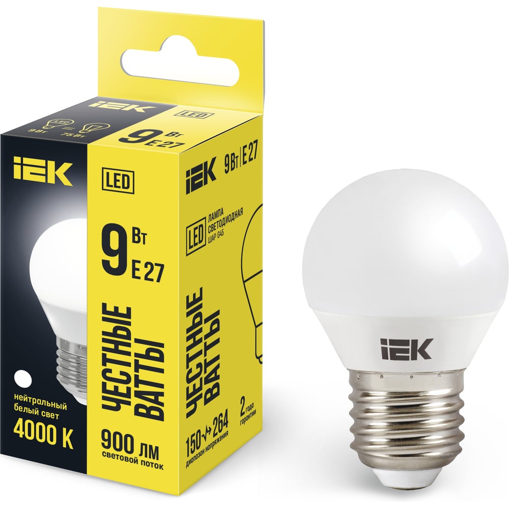 Изображение товара Светодиодная лампа IEK G45 9Вт 4000K E27 шар