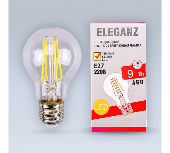 Изображение товара Светодиодная лампа ELEGANZ Е27 9W нитевидная тёплая 3000К 220V, 1шт 1381