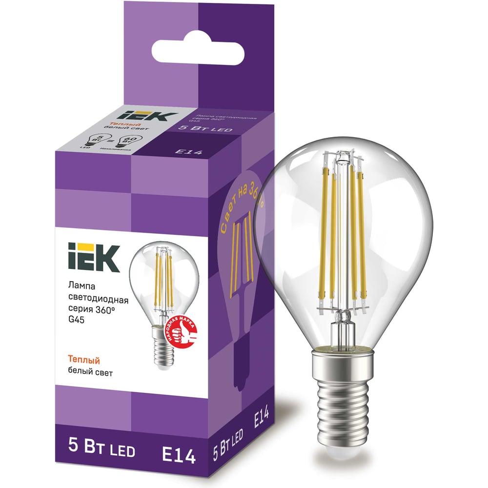 Лампа IEK серия 360, LED, G45, шар прозрачный, 5вт, 230В, 3000К, E14 LLF-G45-5-230-30-E14-CL